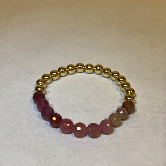 Natural Ruby and 14k Gold Filled Gemstone Halfsie Handmade Stretch Bracelet - Picture 3 of 12